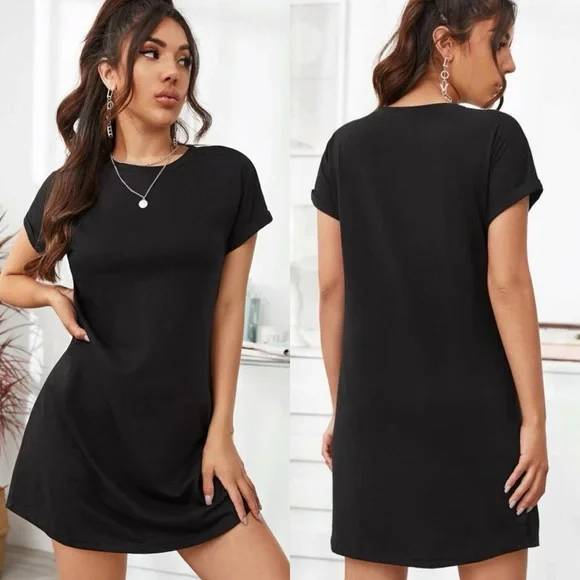 Rolled cuff short sleeve casual tee shirt dress white - Picture 2 of 4